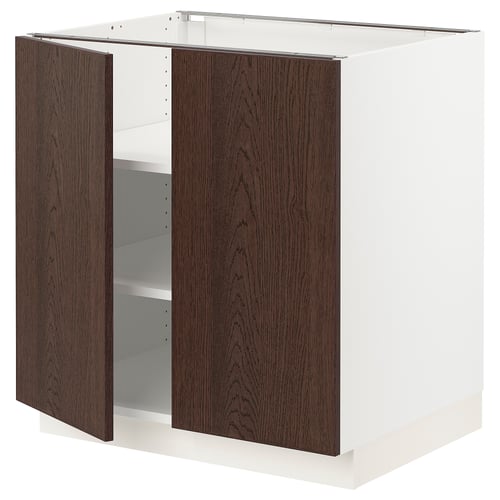 SEKTION kitchen unit: dark brown wood, white base, open doors, modern design.