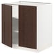 SEKTION kitchen unit: dark brown wood, white base, open doors, modern design.