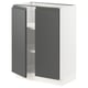 Modern grey ikea kitchen cabinet with open doors, adjustable shelves, and dark grey finish.