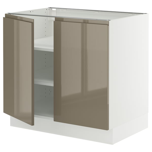 Modern kitchen cabinet, SEKTION model, high-gloss dark grey-brown, metal handles, white frame, square shape, two doors, one adjustable shelf.