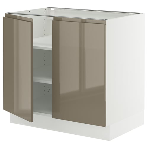 Modern kitchen cabinet, SEKTION model, high-gloss dark grey-brown, metal handles, white frame, square shape, two doors, one adjustable shelf.