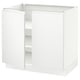 White kitchen cabinet with open door, three shelves, sleek design.