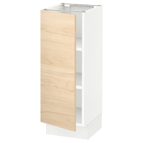 A white SEKTION kitchen cabinet with a light wood door. The cabinet a sleek, rectangular shape with an open door revealing adjustable shelves inside.