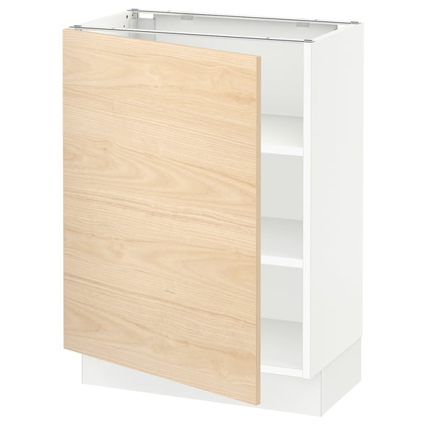 A SEKTION white kitchen cabinet with a light ash wood door. It has a square shape with adjustable shelves.