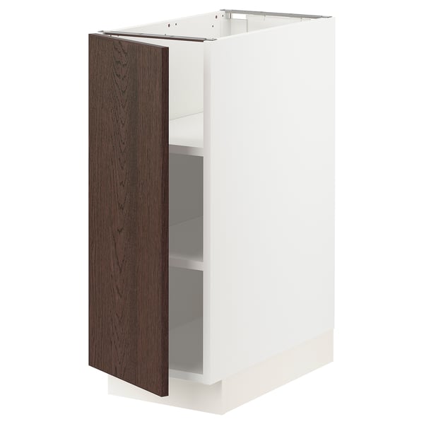 White kitchen cabinet, dark brown door, sleek design with two shelves.