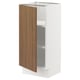 White kitchen cabinet with modern, walnut-colored door, adjustable shelves, and soft-closing hinges.