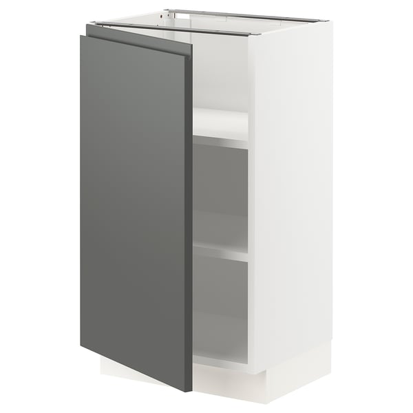 Modern grey kitchen cabinet with white interior, adjustable shelves, and soft-close hinges.