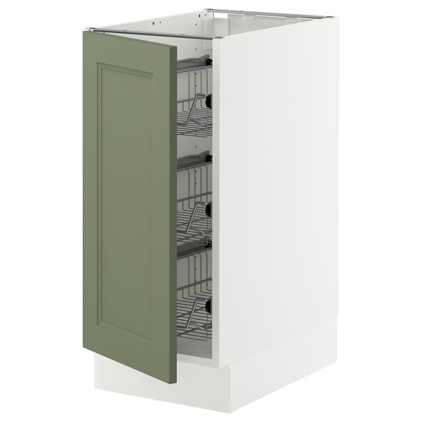 An open SEKTION kitchen cabinet in white with a green axstad door. It has wire storage baskets inside.