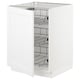 Displays a white SEKTION kitchen cabinet with wire shelves. The cabinet a pull-out system, suitable for storing pots, pans, and containers.