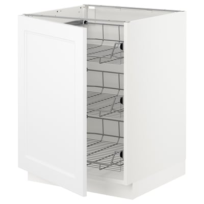 Displays a white SEKTION kitchen cabinet with wire shelves. The cabinet a pull-out system, suitable for storing pots, pans, and containers.