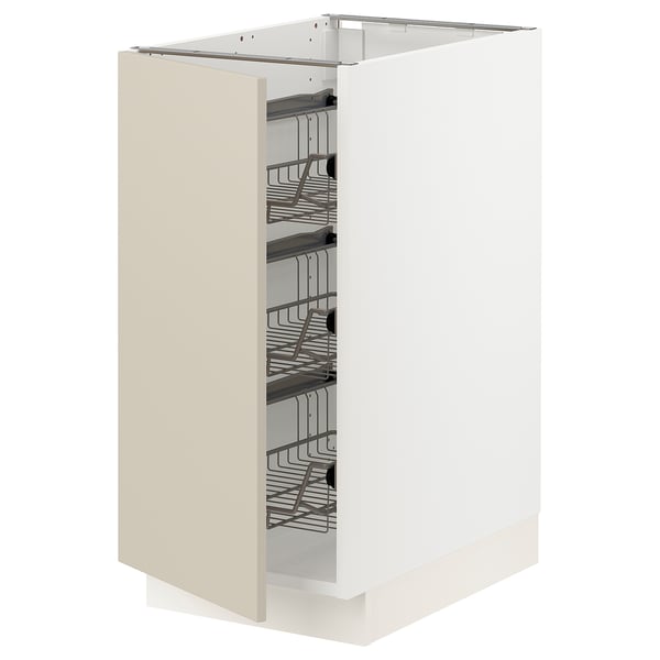 SEKTION white kitchen cabinet with beige door and metal shelves.