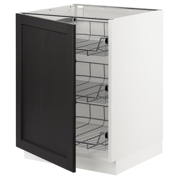 A SEKTION kitchen cabinet with a black stained lerhyttan door and wire shelves. Its white and square-shaped with smooth-run shelves for easy access.