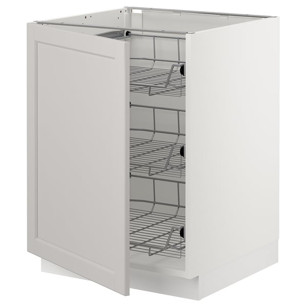 SEKTION white kitchen cabinet with pull-out wire baskets.