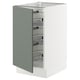 A modern kitchen cabinet with a grey-green door. It has wire racks inside for storage and is part of the SEKTION kitchen system.