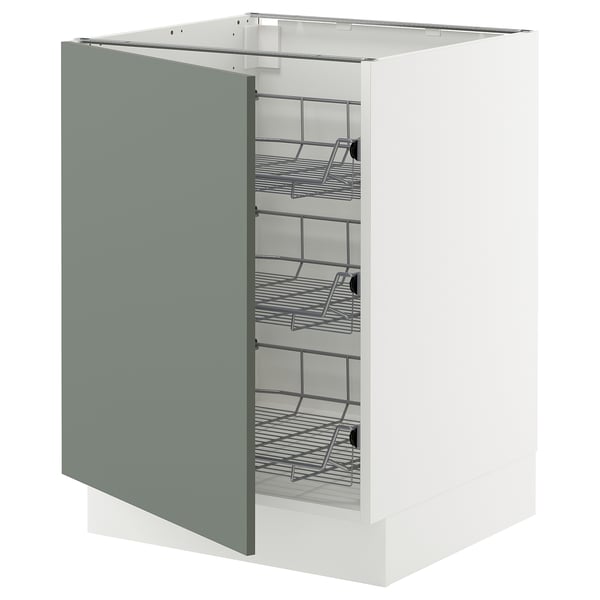 Ikea SEKTION kitchen unit with grey-green door and metal shelves.