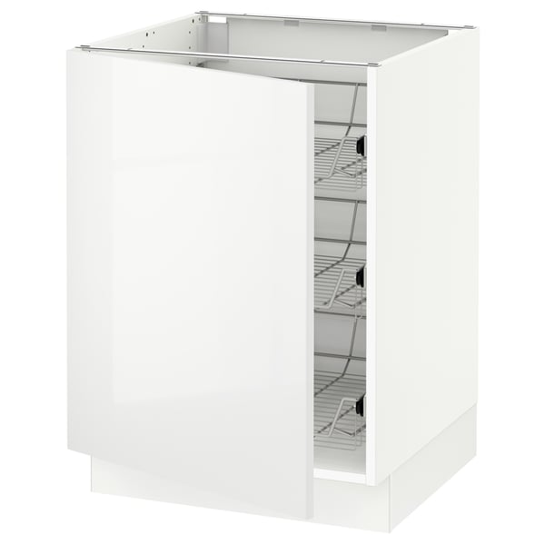 A white SEKTION kitchen cabinet with a sleek, modern design featuring glossy, smooth surfaces and wire baskets for storage.