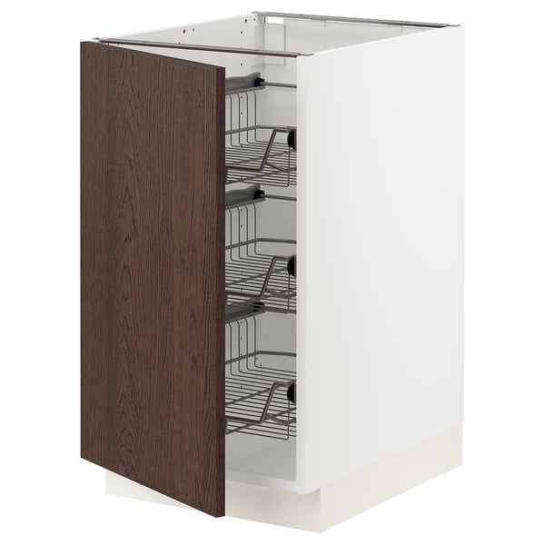 SEKTION kitchen cabinet, white with dark brown wooden door, multiple metal shelves.