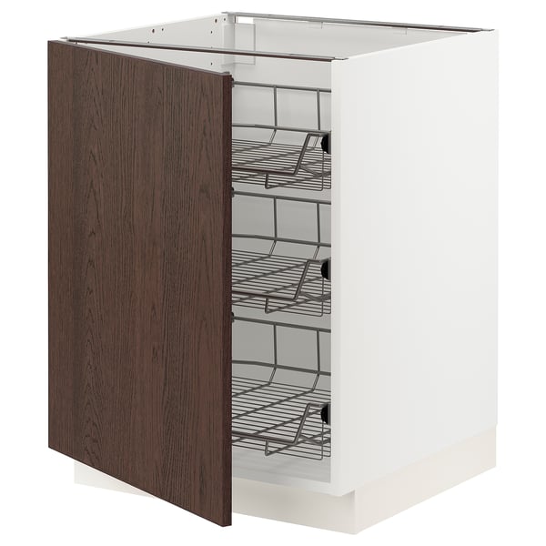 White SEKTION cabinet with dark brown door, three wire shelves, modern design.