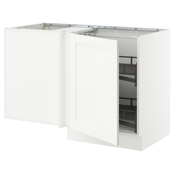 White kitchen cabinet set with one door open, showcasing shelves inside. Modern design, made of particleboard and foil.