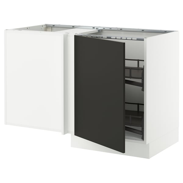Modern kitchen cabinet in white with matt black door, corner design, pull-out shelves.