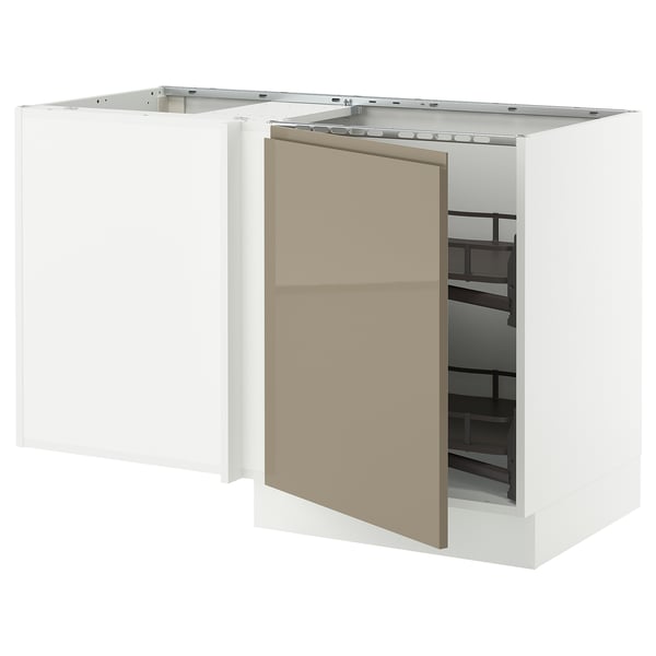 A white SEKTION kitchen cabinet with a high gloss dark grey-brown door open, revealing a pull-out shelf.