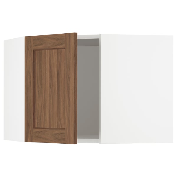 An open ikea SEKTION kitchen cabinet with walnut-colored doors and a white frame, highlighting its interior.