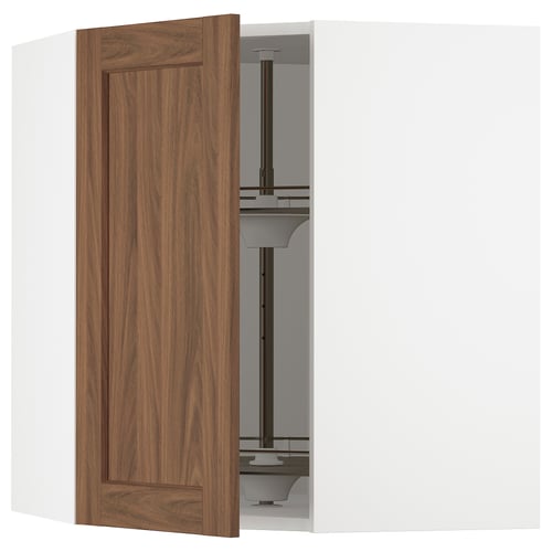 White SEKTION corner kitchen cabinet with walnut wood door.