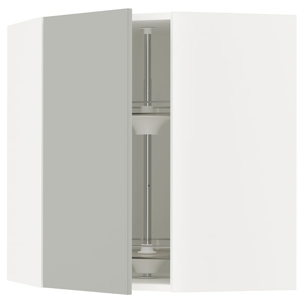 Displays a light grey SEKTION kitchen cabinet in a corner shape with a vertical opening door, featuring double swivel shelves inside.