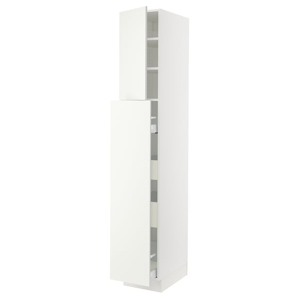 Clean white tall cabinet with adjustable shelves, sleek design, modern kitchen storage.