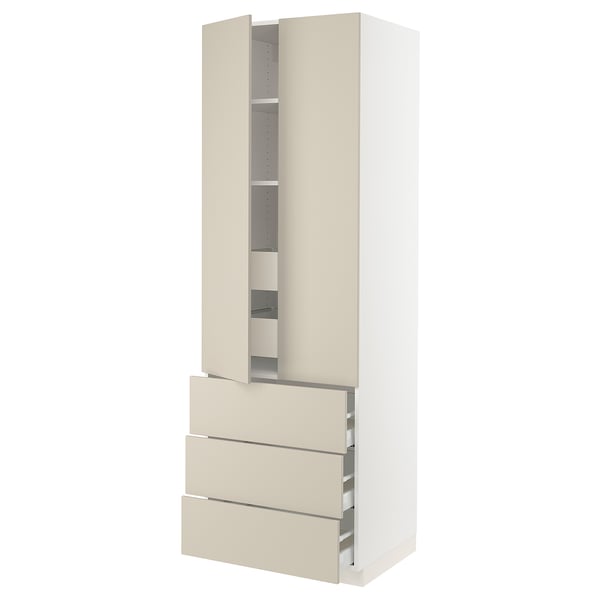 An ikea SEKTION kitchen cabinet in beige with drawers and shelves, modern design.