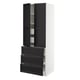A black ikea SEKTION kitchen cabinet with dark stained wood and bevelled edges, featuring shelves and drawers.