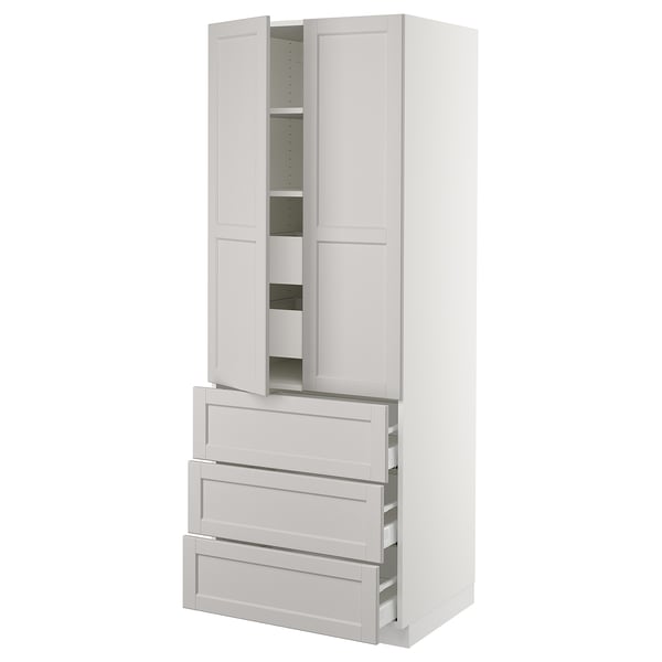 A light grey SEKTION kitchen cabinet with four drawers and two doors, featuring a traditional design with bevelled edges.