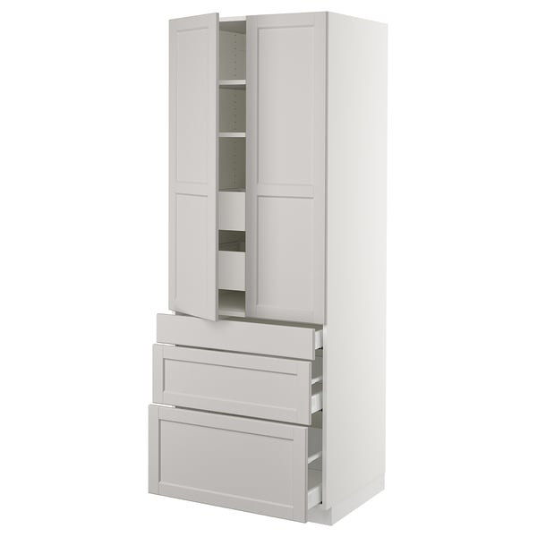 Light grey kitchen cabinet with two open doors, three drawers, and adjustable shelves. Modern, sleek design with bevelled edges and a sturdy frame.