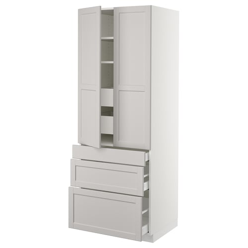 Light grey kitchen cabinet with two open doors, three drawers, and adjustable shelves. Modern, sleek design with bevelled edges and a sturdy frame.