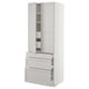 Light grey kitchen cabinet with two open doors, three drawers, and adjustable shelves. Modern, sleek design with bevelled edges and a sturdy frame.