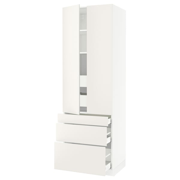 White ikea SEKTION kitchen storage with drawers, cabinets, adjustable shelves, and smooth-close mechanisms.