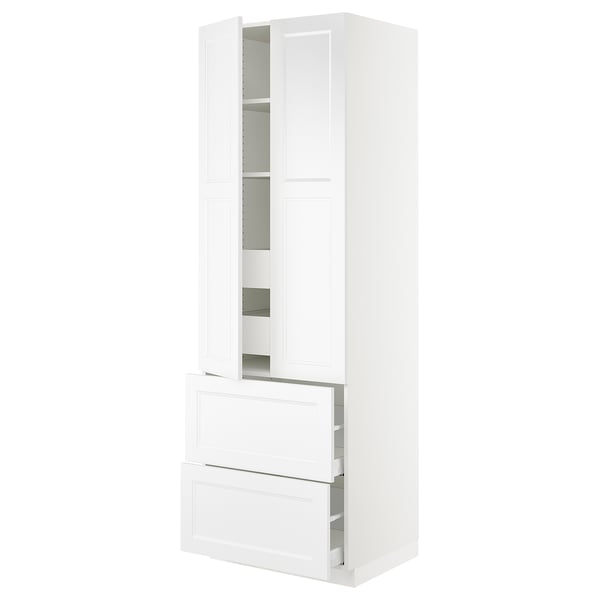 White SEKTION kitchen cabinet with drawers and shelves for storage.