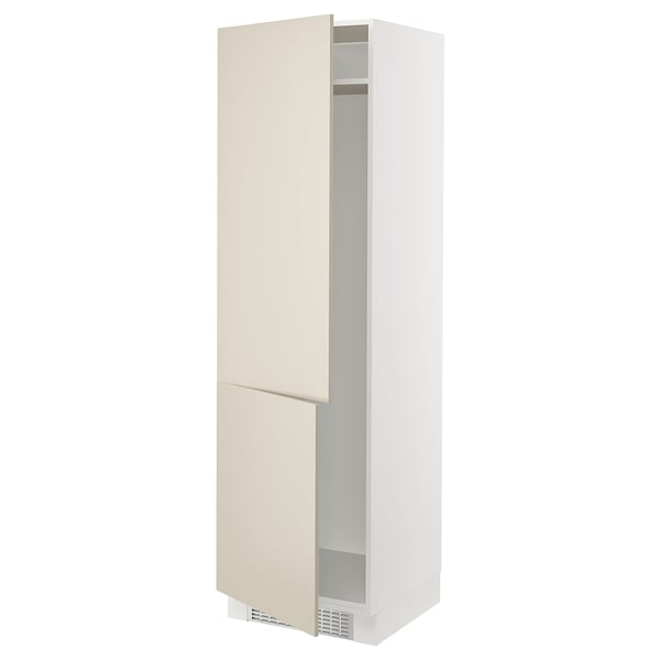 A tall white SEKTION kitchen cabinet with beige havstorp doors, featuring a sleek, modern design.