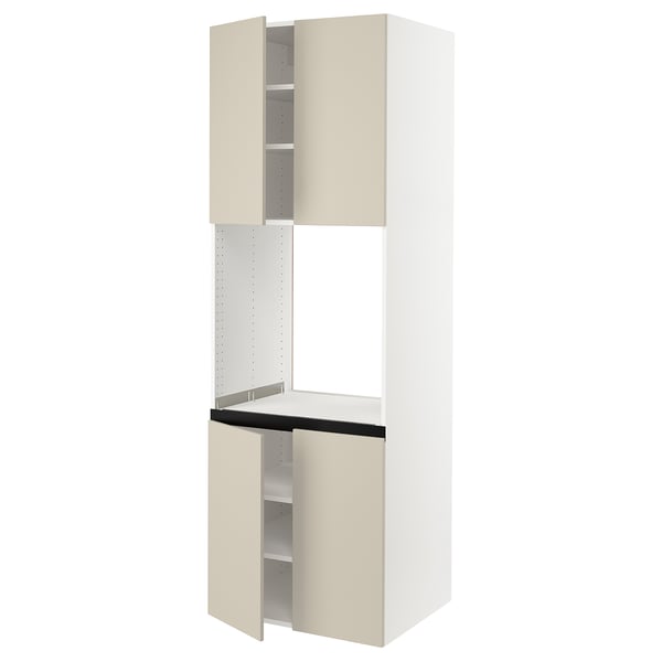 An ikea SEKTION kitchen unit with beige havstorp doors, featuring a tall cabinet with shelves and a countertop.
