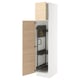 White kitchen cabinet with light ash wood door open, showing adjustable shelves.