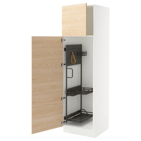 Wooden cabinet with open door and shelves.