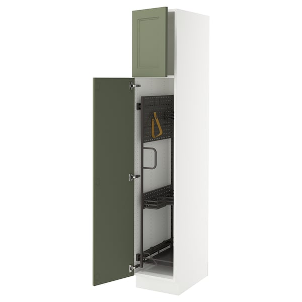 IKEA SEKTION white tall cabinet with green door open, adjustable shelves, steel hinges.