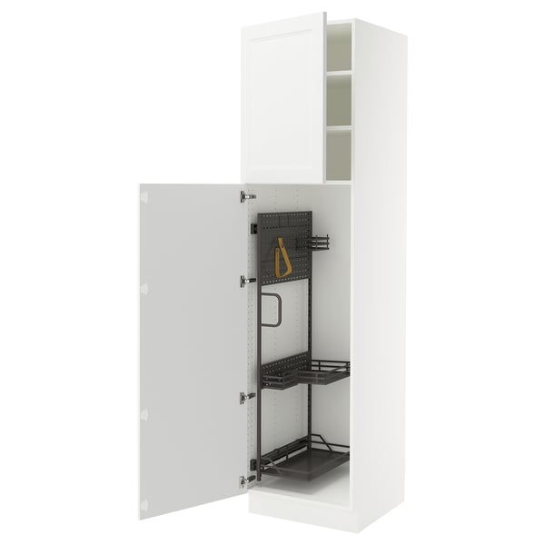 White SEKTION kitchen cabinet with adjustable shelves and a pegboard, shown with the door open.