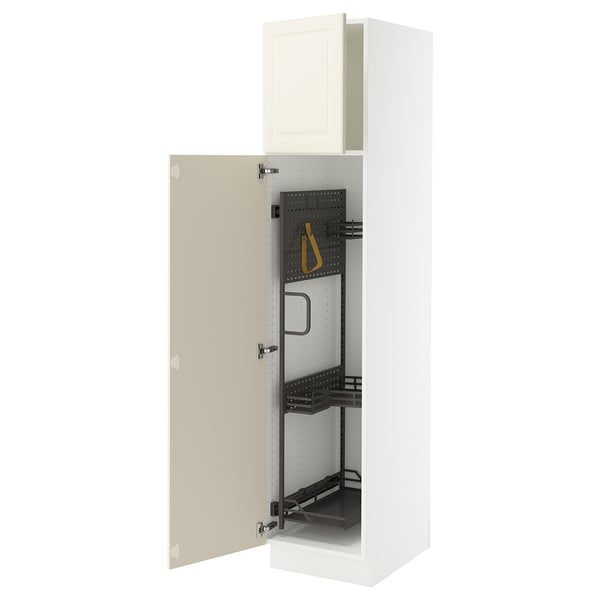 White SEKTION cabinet with adjustable shelves and off-white door, partially open.
