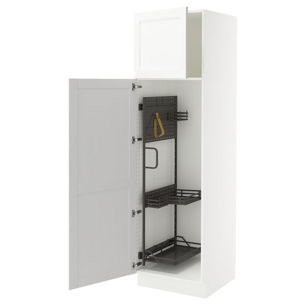 An open white SEKTION kitchen cabinet with black adjustable shelves and a hanging organiser.