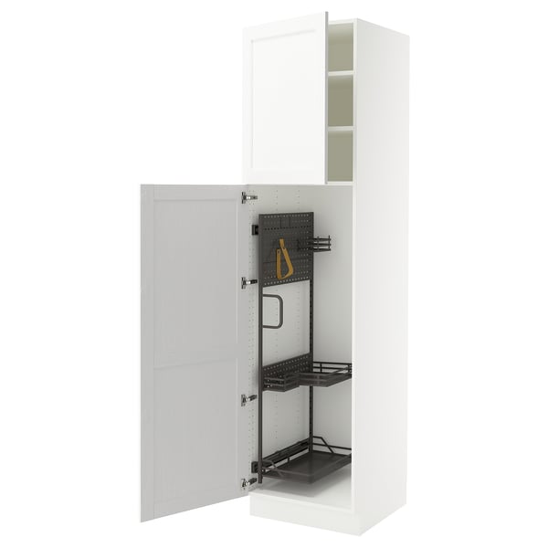 White SEKTION kitchen cabinet with adjustable shelves and metal organisers.