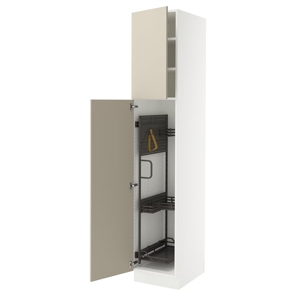 Open beige kitchen cabinet from SEKTION, white interior with shelves and accessories.