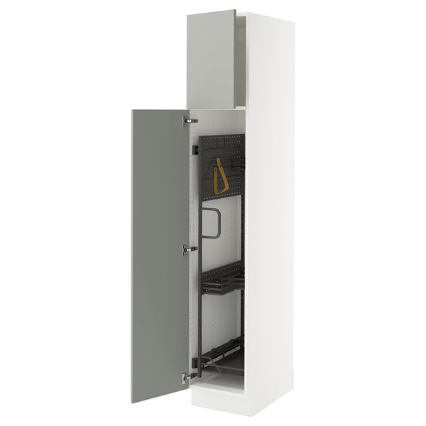 A white SEKTION kitchen cabinet with a light grey door, featuring adjustable shelves and a door damper for slow, silent closing.