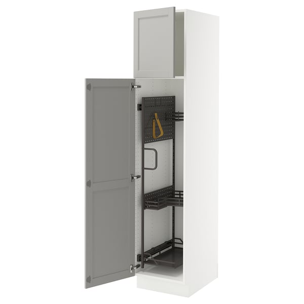 White SEKTION kitchen cabinet, grey interior, open doors, adjustable shelves.