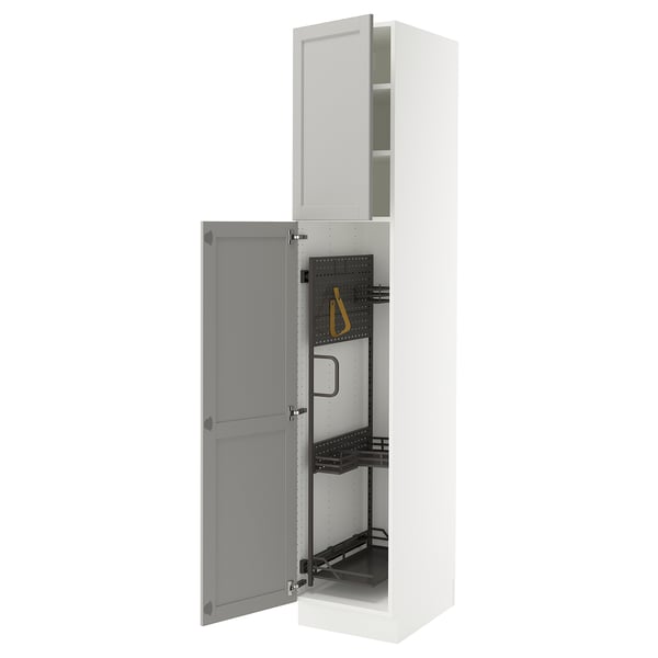 White SEKTION kitchen cabinet, adjustable shelves, light grey doors, metal handles.